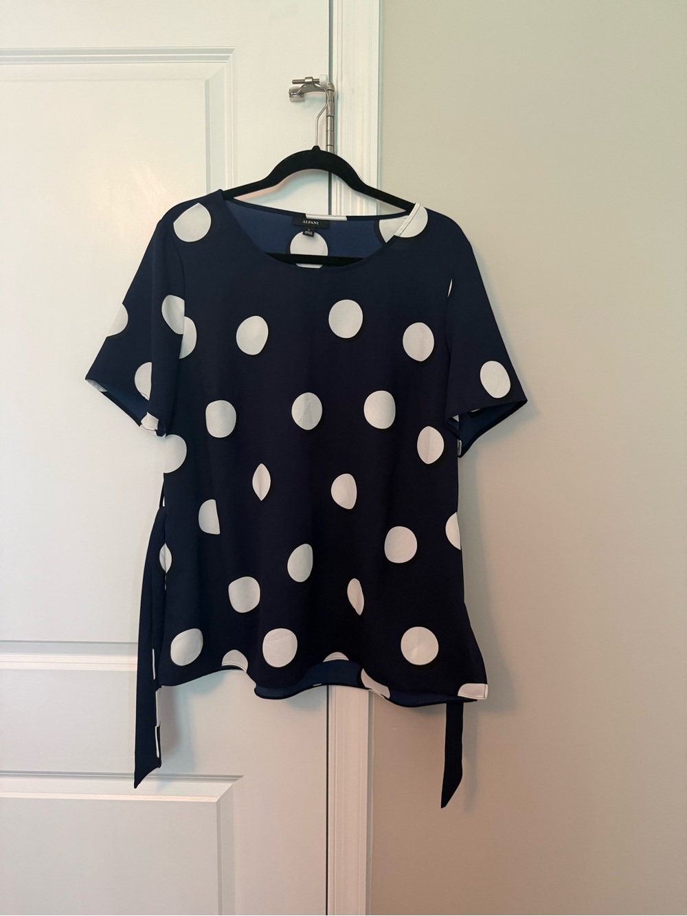 Alfani Navy and White Polka Dot Short Sleeve Blouse